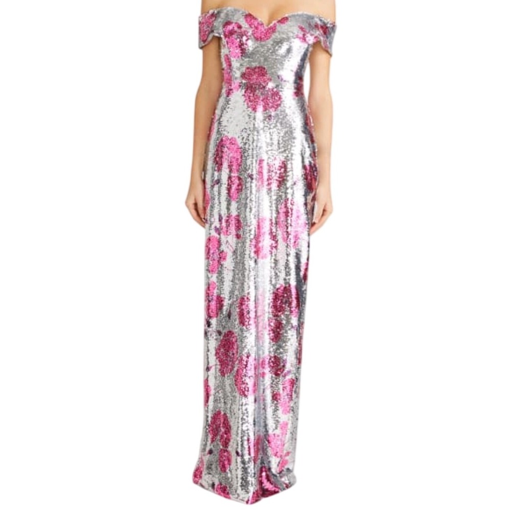 NWT ML Monique Lhuillier Estelle Sequin Off Shoulder Column Gown Silver Poppies